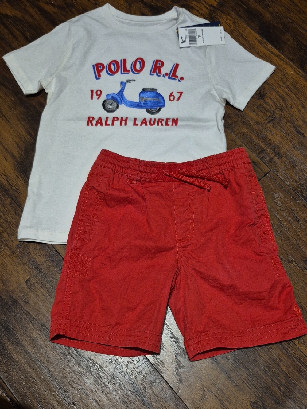 Ralph Lauren White Tee with Blue Scooter Graphic and Red Shorts